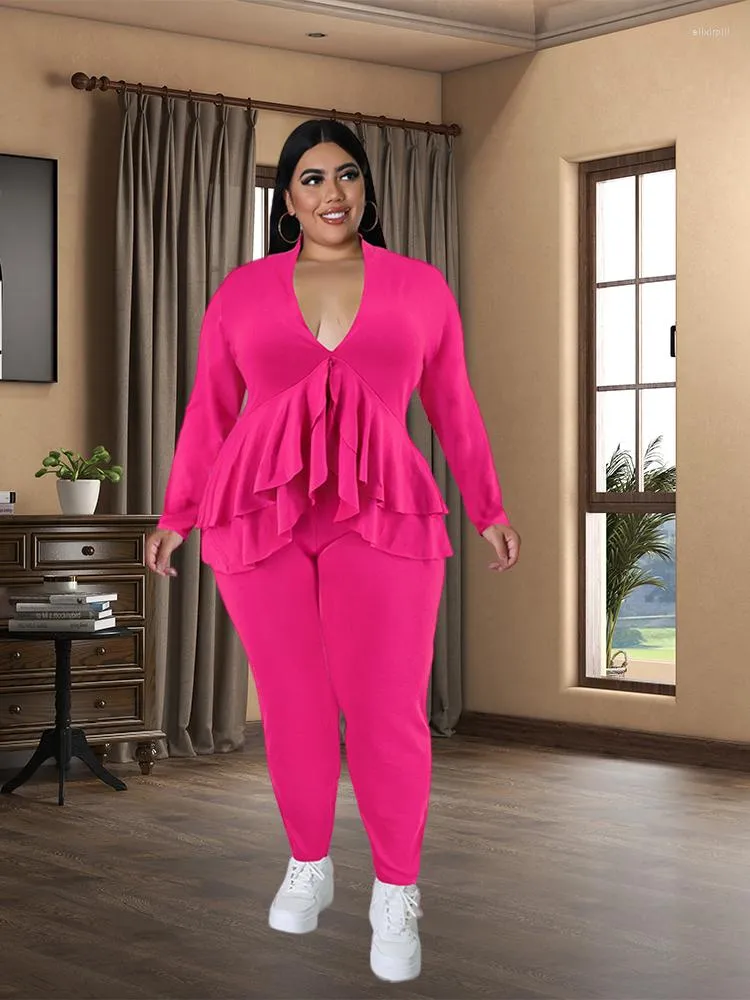 Survêtements automne et hiver grande taille femmes deux pièces mode à manches longues col en v haut pantalon à volants ensemble en gros goutte