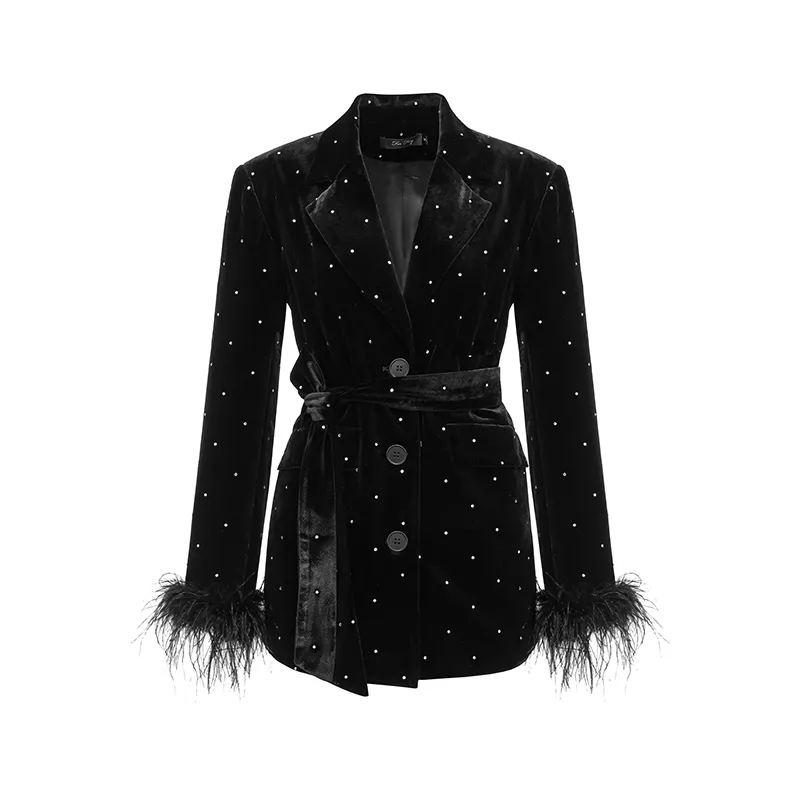 Женские костюмы Blazers Высококачественный осень зима 2023 Дизайнерский костюм Один кнопка Черный бархатный пиджак с перьями S3416 230321