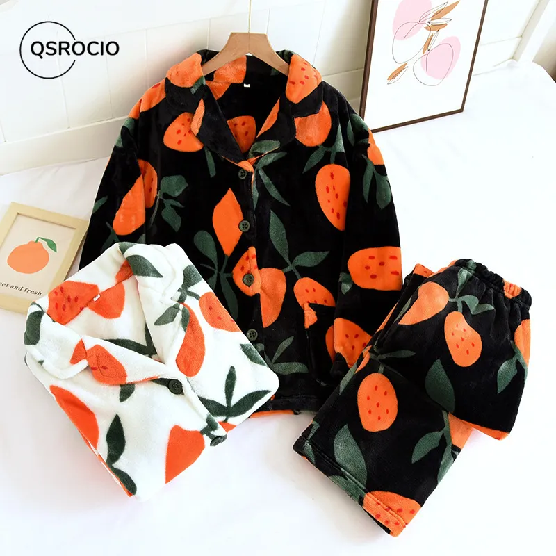 Women's Sleepwear QSROCIO Women's Pajamas Set Warm Flannel Orange Print Sleepwear Casual Homewear V Neck Nightwear Femme for Winter 230321