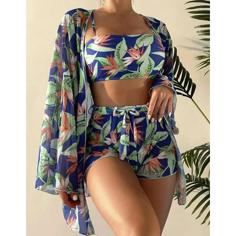 2023 neue Hohe Taille Bikini Set 3 Stück Frauen Sexy Langarm Cover Up Badeanzug Sommer Push-Up Strand Badeanzug bademode