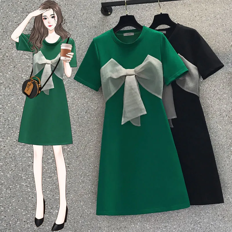 Casual Dresses 40-100kg Women's Fashion Big Bowknot Loose Dress Korean Student Casual Joker O-Neck Short Green Dresses Streetwear Female 230321