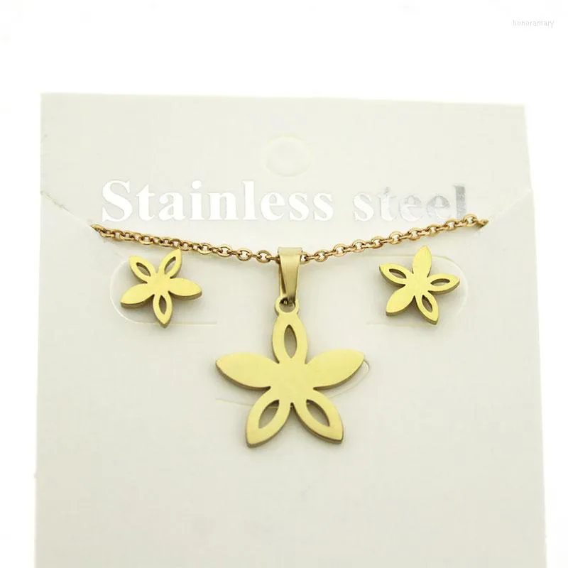 Halskette Ohrringe Set 1 Blume Edelstahl Schmuck Charms 5 Blütenblätter Sterne Schmuck Frauen Kinder Mädchen Liebe Geschenke