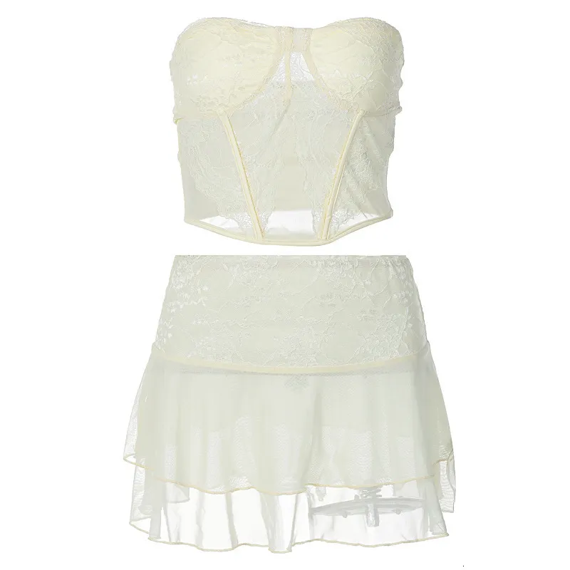 Caziffer Ensemble Femme 2 Pièces Dentelle - Tank Top Sans Manche + Jupe Courte Chic Et Élégante
