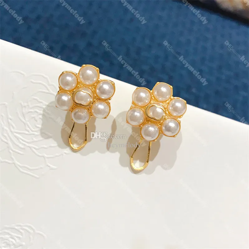 Classic Pearl Flower Studs Floral Gold Hoop Earrings Women Double Letter Eardrops With Box Party Wedding Birthday Lovers Gift Jewelry