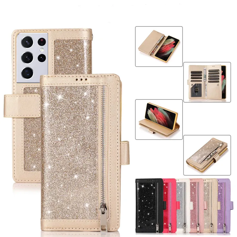 Custodia a portafoglio in pelle con glitter Bling per Samsung S23 PLUS A13 A33 A53 5G S21 S22 Iphone 14 pro max 13 Multifunzione con cerniera ID 9 Slot per scheda Flip Cover Pouch