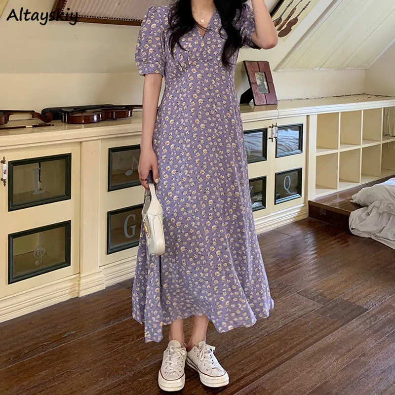 Casual Kleider Kurzarm Kleider Frauen Sommer Floral V-ausschnitt Junge Hohe Taille Süße Lässige Ankunft Chic Nette Student Koreanische stil 230321