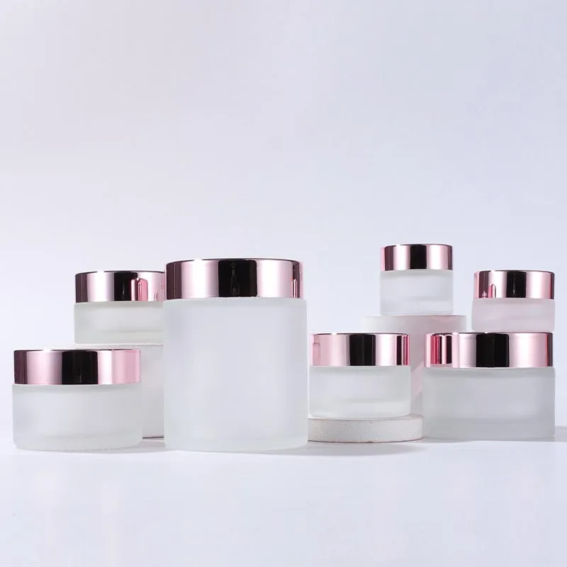 Partihandel Frosted Glass Lotion Bottles Container Face Cream Jar med glänsande skruvlock