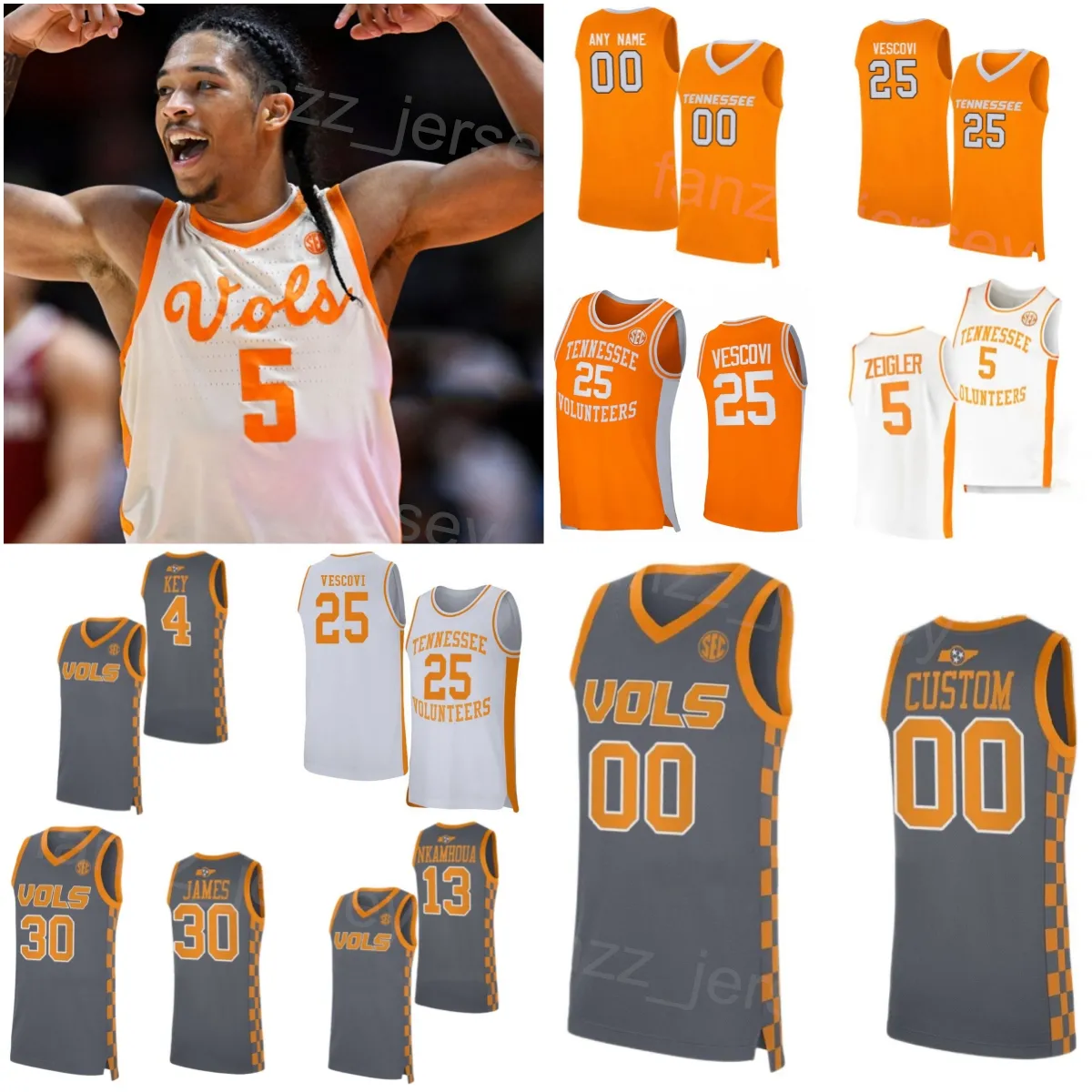 College Basketball 25 Maglia Santiago Vescovi Tennessee Volunteers 5 Zakai Zeigler 13 Olivier Nkamhoua 30 James 2 Julian Phillips 4 Tyreke Key Stitched Team NCAA