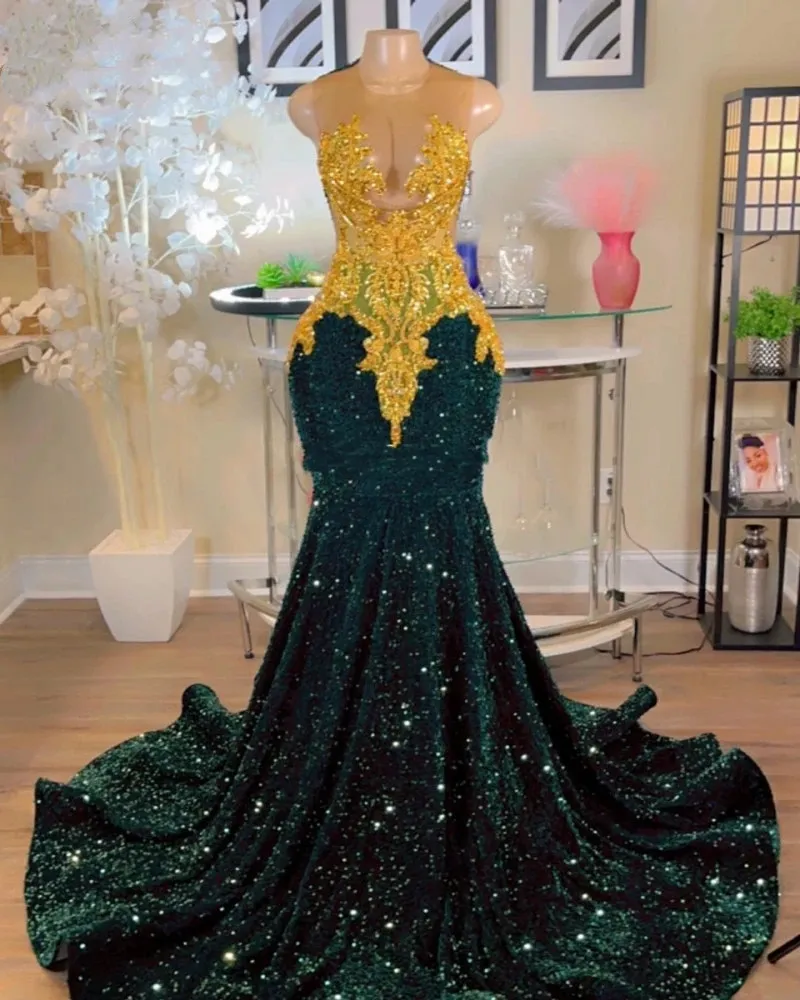 Pailletten funkelnde mermaidgrüne Abschlussballkleider für Frauen 2023 Gold Applique Partykleider lang Abend Kleid Vestidos de Graduacion