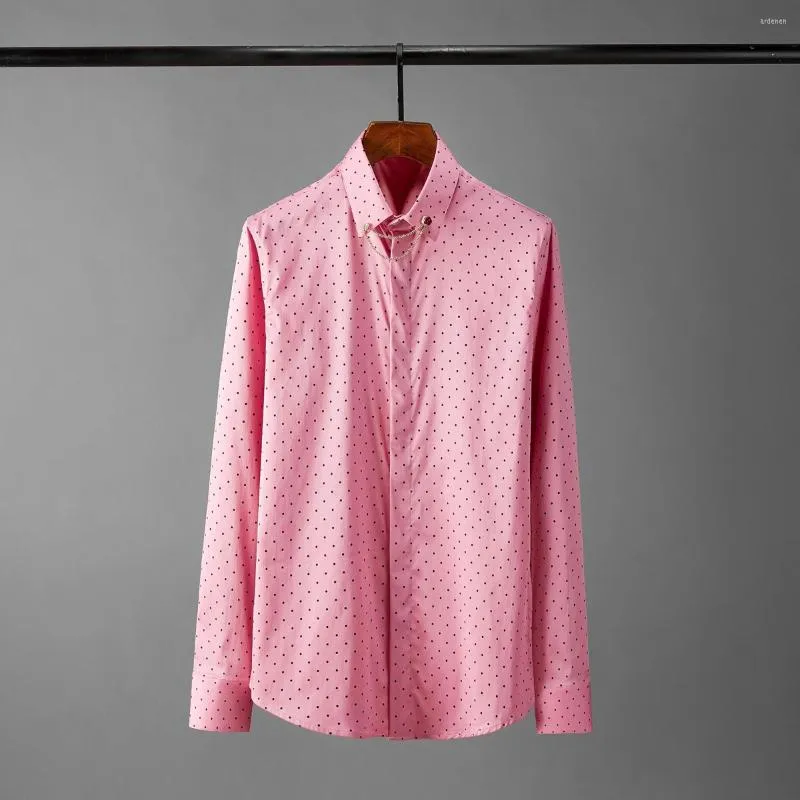 Camisas casuais masculinas Minglu Rose Red Man Man Luxury Polka Dot Impresso Manve