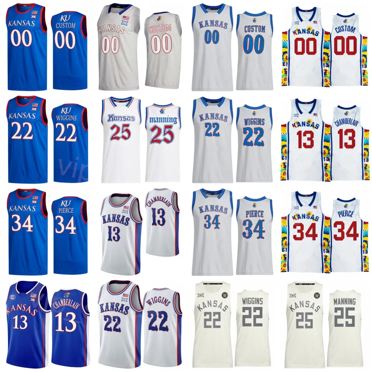 Kansas Jayhawks Basketball College 25 Danny Manning Jersey Wilt Chamberlain 13 Paul Pierce 34 Andrew Wiggins 22 Joel Embiid 21 4 Sherron Collins Chemise à coudre NCAA