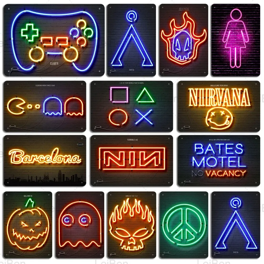 Komik Gamer Metal Teneke İşaret Vintage Plak Neon Oyun Deseni Retro Duvar Sticker Home Bar Club Oyun Odası Adam Mağara Demir Plakası 30x20cm W03