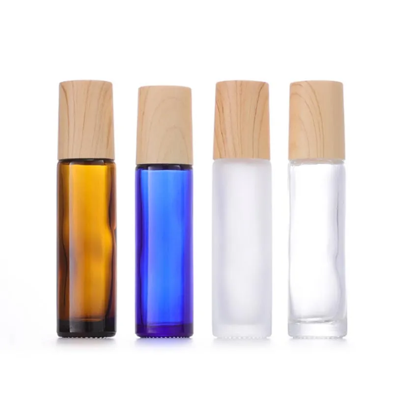 Bouteilles à rouler en verre 4 couleurs contenant 10 ml d'huile essentielle avec couvercle en plastique en bois