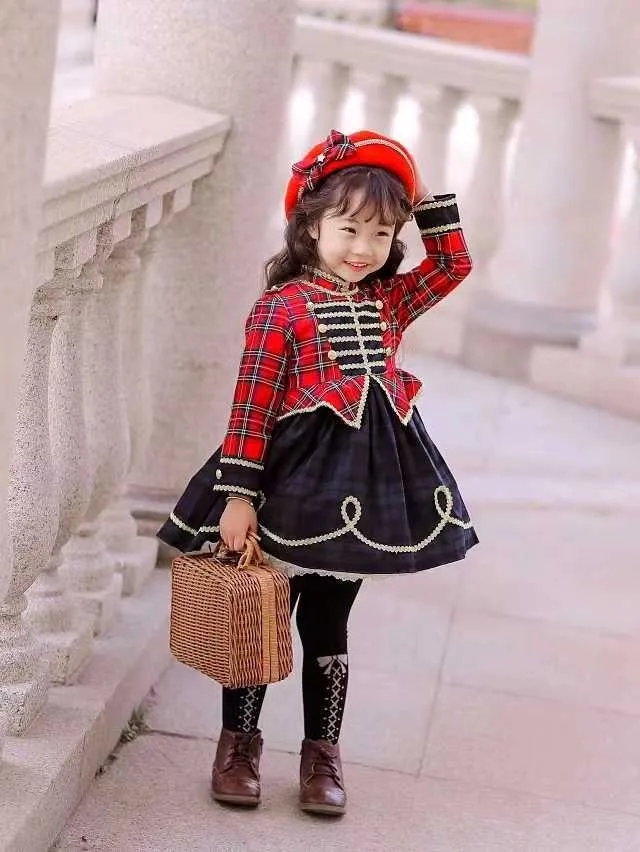 Girl's Dresses 0-12Y Baby Girl Autumn Winter Green Plaid Red Velvet Vintage Spanish Princess Ball Gown Dress for Christmas Eid Causal