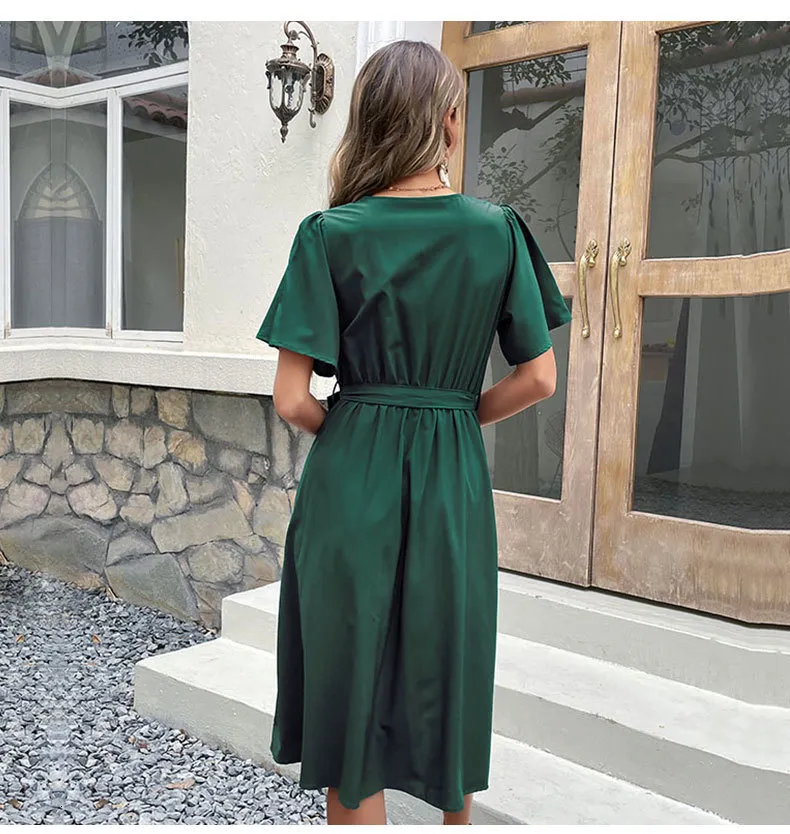 akoia swim green dress Linen Wrap Dress - Midi Length, Perfect for Summer & Special Occasions - Dark Green - XL main image 1