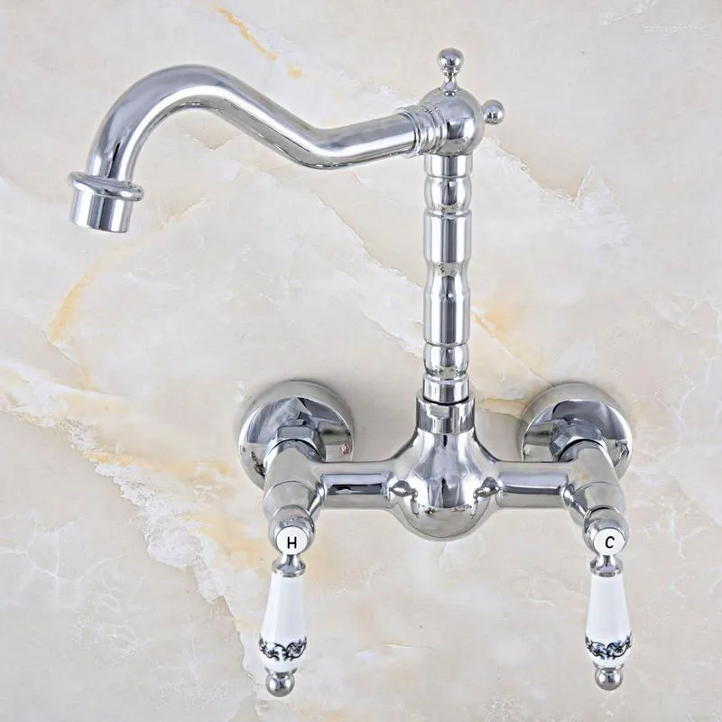 Mutfak muslukları cilalı krom pirinç duvara monte edilmiş banyo lavabo musluk döner spout mikser musluk çift seramik kolları kollar mnf566