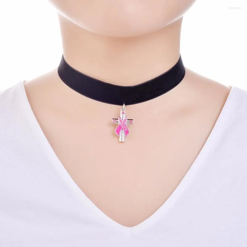 Choker PBR107 Bröstcancer Awareness Emamel Pink Ribbon Cross Love/Hope/Faith Pendent Black Velvet Flannelette Tyghalsband