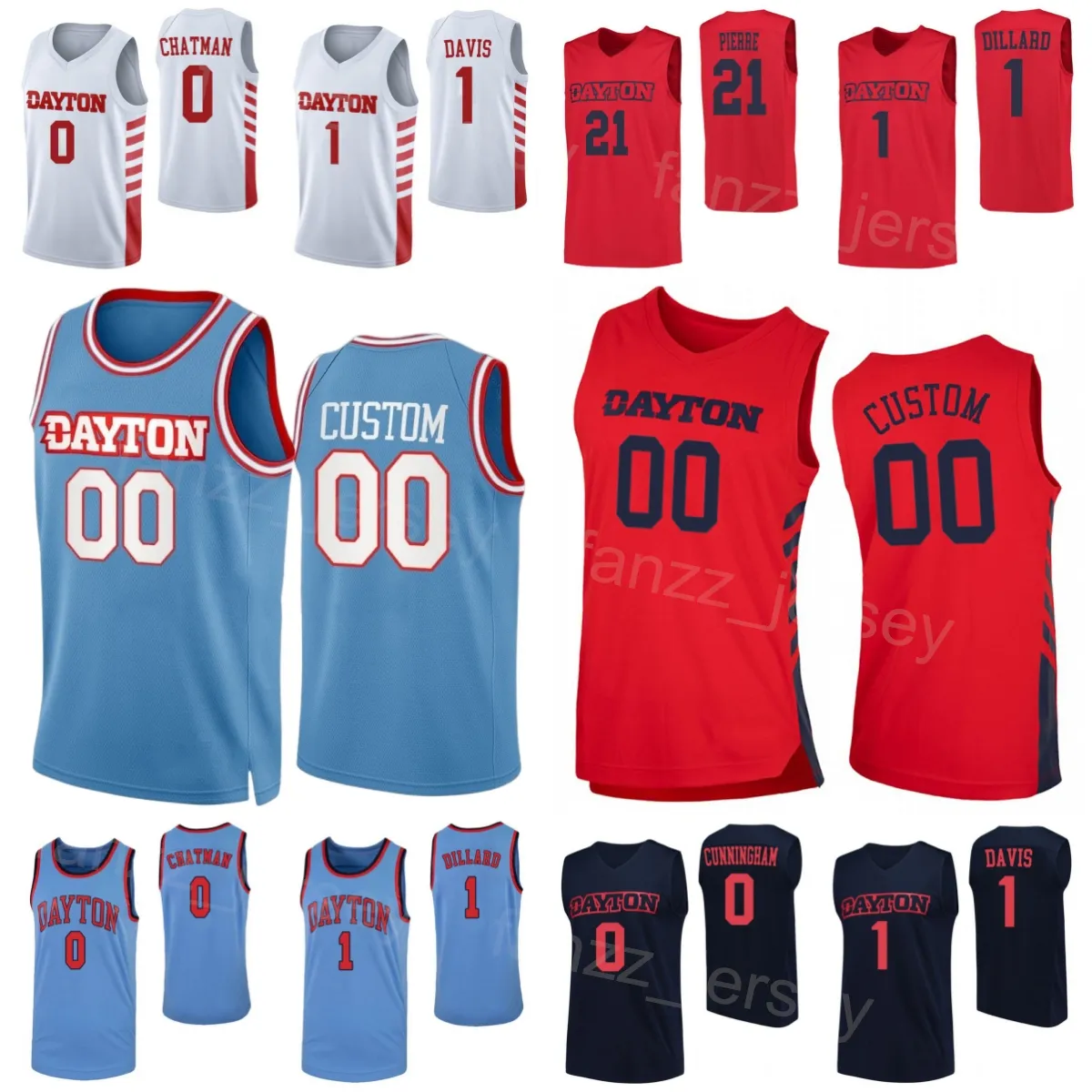 Dayton Flyers College Jersey Basketball 0 Josh Cunningham 1 Kevin Dillard 1 Darrell Davis 21 Dyshawn Pierre Rodney Chatman University Stitched NCAA Hommes Enfants Femmes