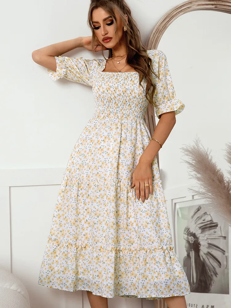 Casual Dresses MSFilia Square Collar Print Dresses for Women Casual Summer Half Sleeve Clong Chiffon Floral Beach Dress Wrap Sundress 230321