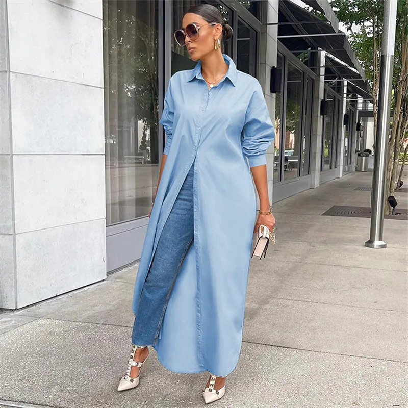 Women's Long Sleeve Maxi Shirt Dress Lapel Neck Solid Simple