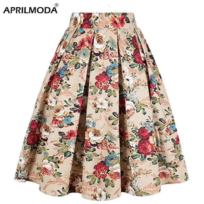 Skirts Summer Preppy Style Women Short Skirt High Waist Floral Printed Jupe Longo Elegant Vintage Pleated 50s 230321