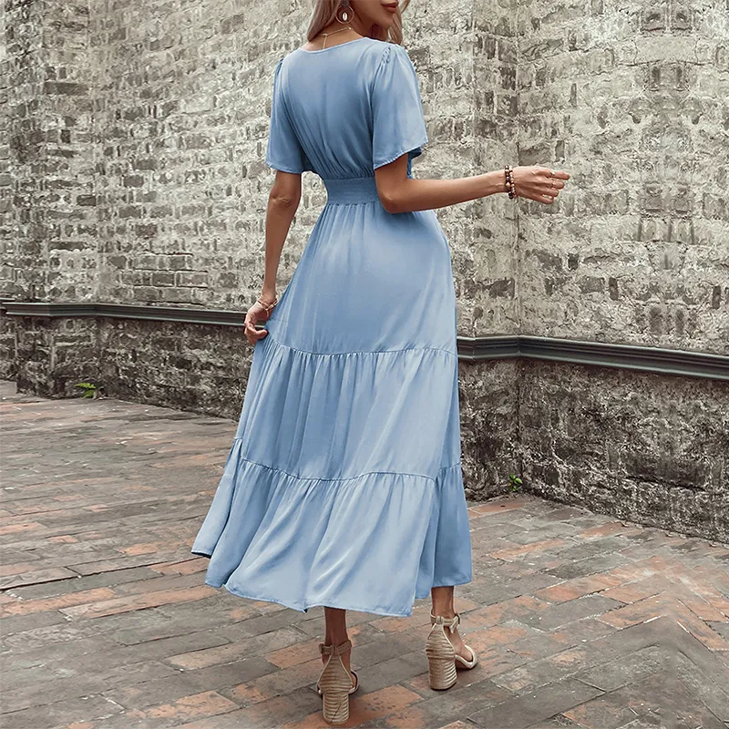 Minimalist V-Neck High Waist dusty blue casual dress for Women - Solid Color, Loose Fit, Perfect for Summer - Style 230321
