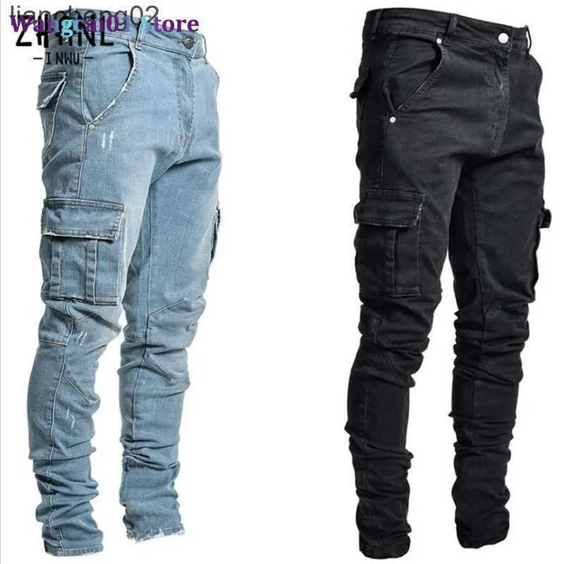 Jeans da uomo Jeans da uomo Pantaloni da uomo Lavaggio Tinta unita Tasche multiple Denim Jeans cargo a vita media Taglie forti Pantaloni casual Fahsion Ma Abbigliamento quotidiano 0321H23