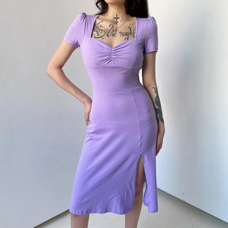 Robes décontractées été violet noir Sexy fendu col carré robe femmes 2023 coréen taille haute mince corps pli femme solide