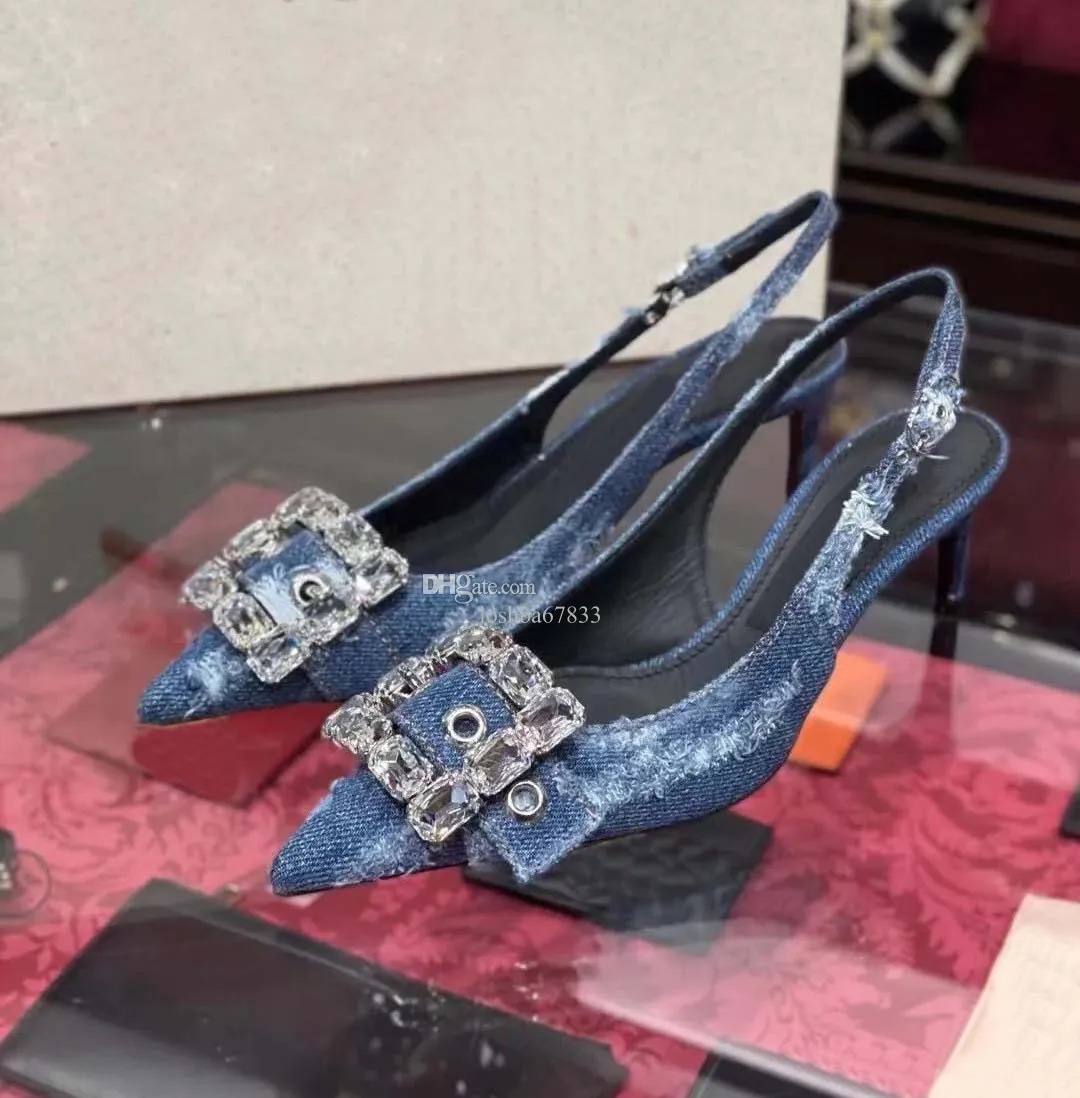 Jeans da donna Sandali firmati Moda Fibbie con strass Tacchi alti in vera pelle Spettacolo di lusso Scarpe da sposa per feste Taglia 35-42