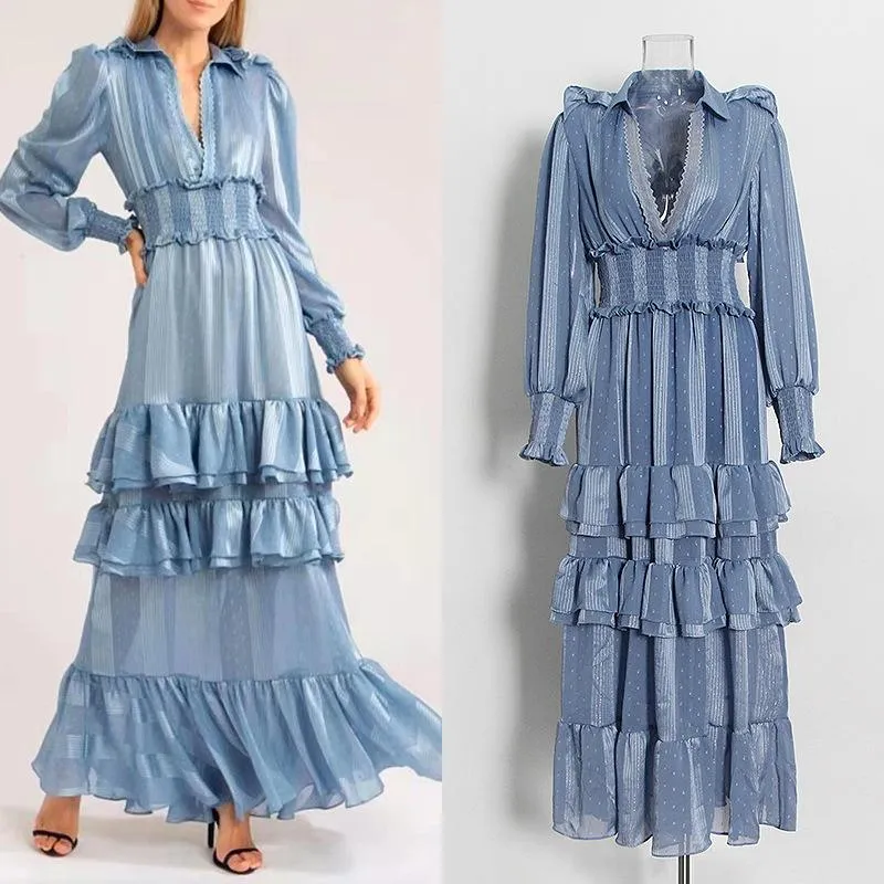 Vestidos casuais inproda mulheres vestem temperamento de manga cheia v babados maxi solto longo vintage high wasit 2023 moda de outono