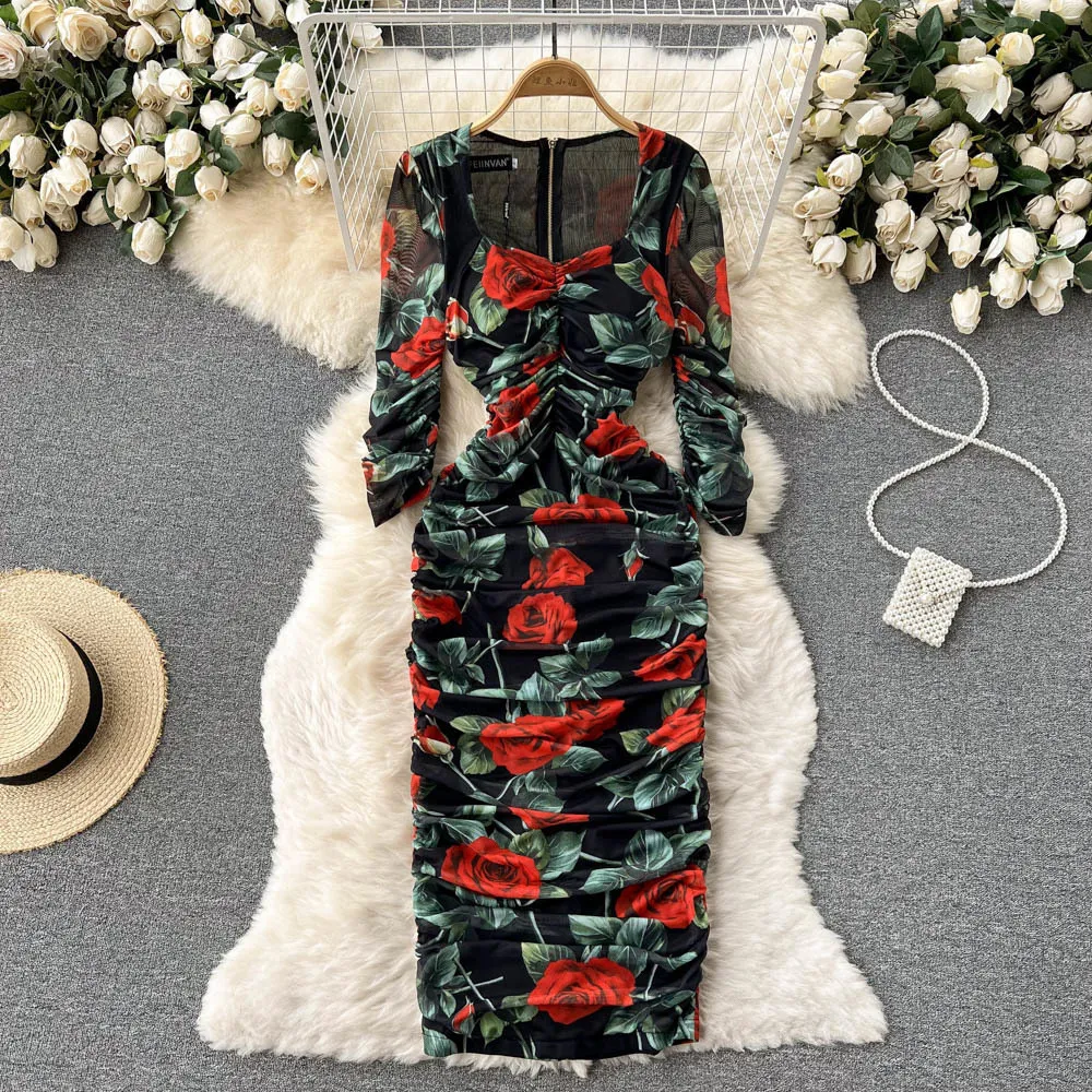 autumn dresses casual Spring Autumn Dresses Women Casual Elegant High Waist Slanted Collar Long Sleeve Pleated Office Lady Dress For Women