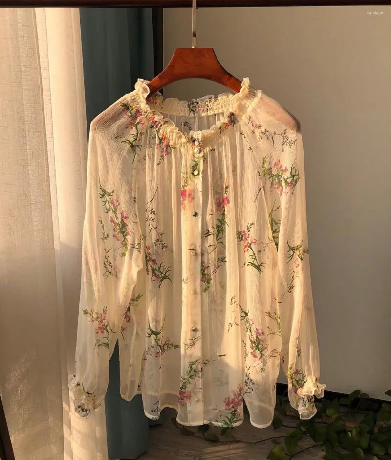 Women's Blouses Ladies Silk Floral Printed Buttone Front Blouse Top With Ruffled Neckline & Long Sleeve