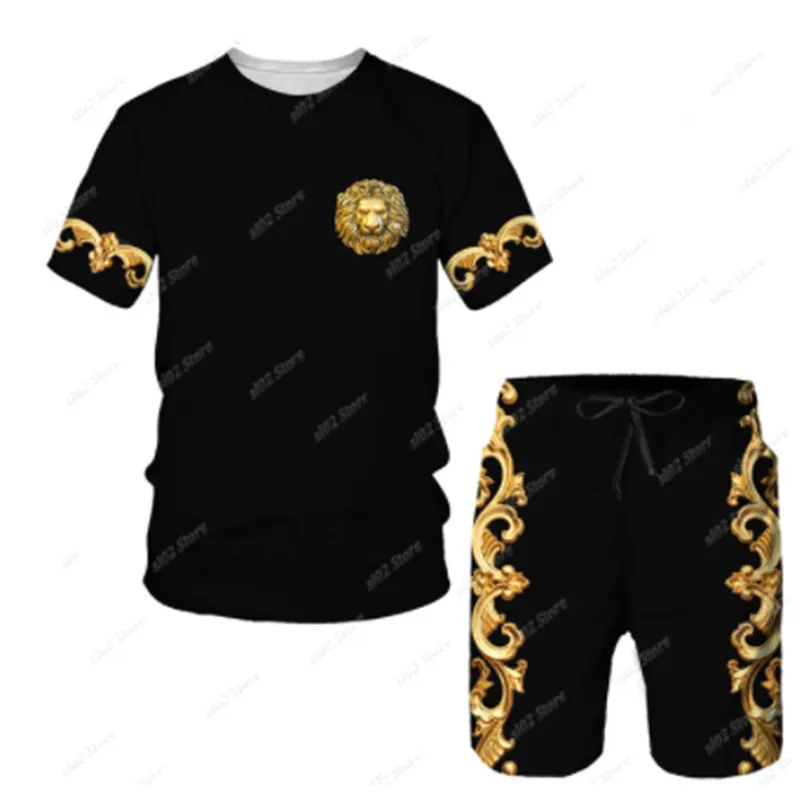 Trainingspakken voor heren Zomer gouden patroon leeuwenkop bedrukt heren T-shirtShortsSuit Grafische O-hals T-shirt en shorts Trainingspak voor heren met korte mouwen 230321