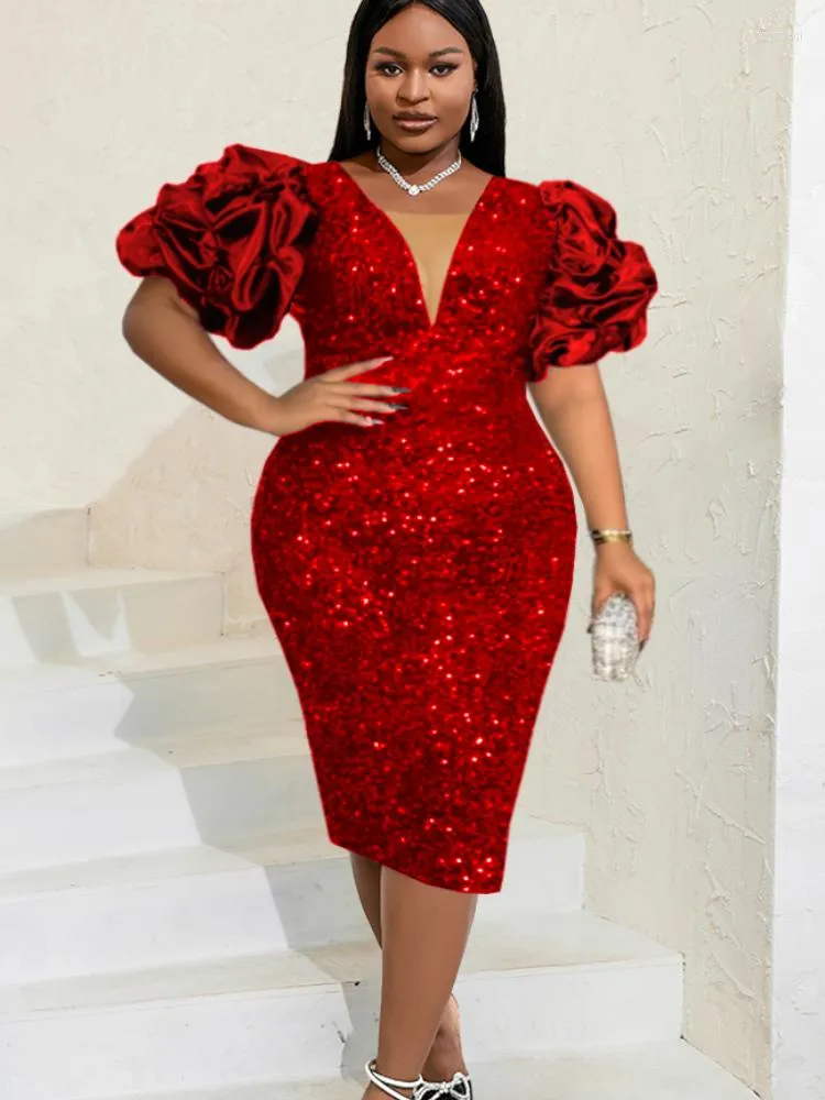 Plus Size Kleider Pailletten Kleid Frauen Rot Bodycon Sexy Tiefem V-ausschnitt Roben Puff Sleeve Grün Samt Engen Midi Club tragen Vestidos