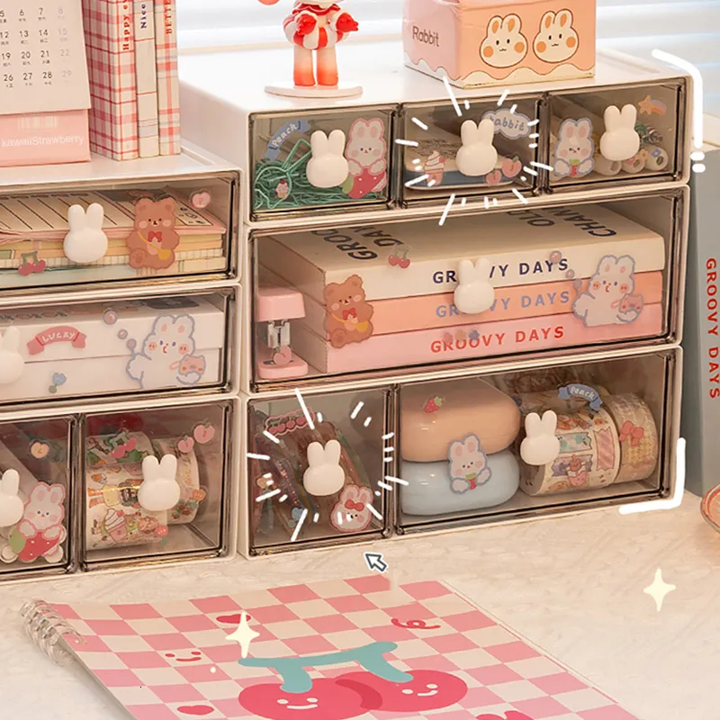 Förvaringslådor BINS Söt skrivbordsorganisatörslådan med klistermärke Kawaii Plastic Office Table Organiser Stationer för lagringsbox Container för hemskola 230321