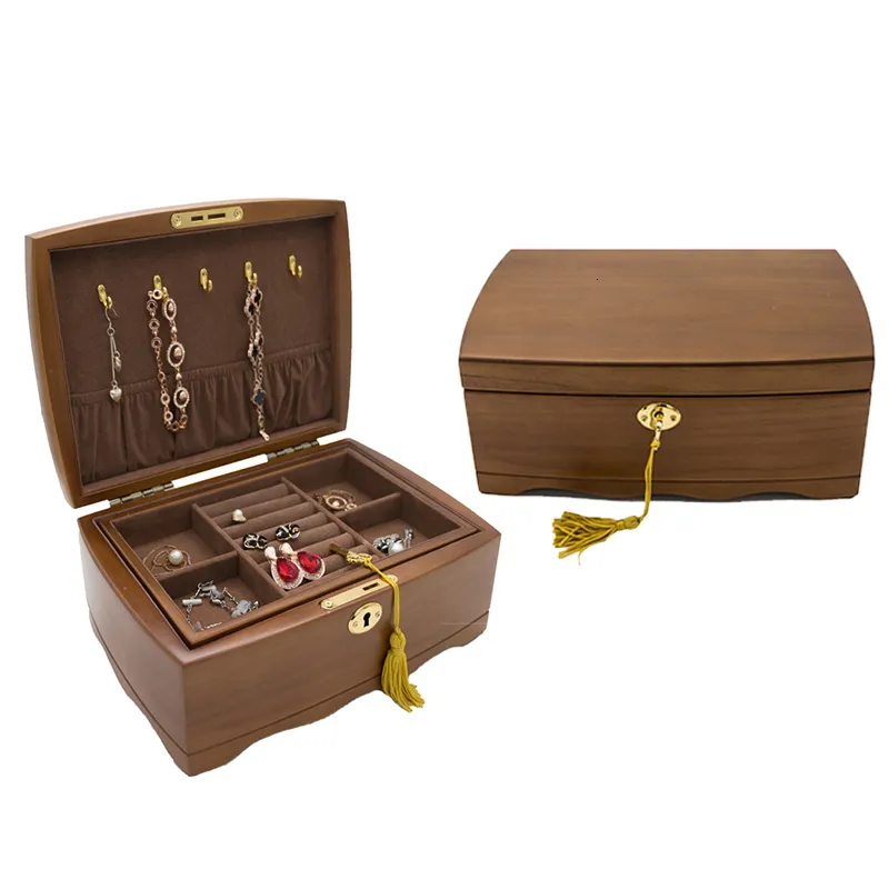 Boîtes De Rangement Bacs En Bois Organisateur De Bijoux Boîte Avec Serrure Double Couche Bijoux Cas De Stockage Femmes Anneaux Collier Coffrets Cadeaux 230321