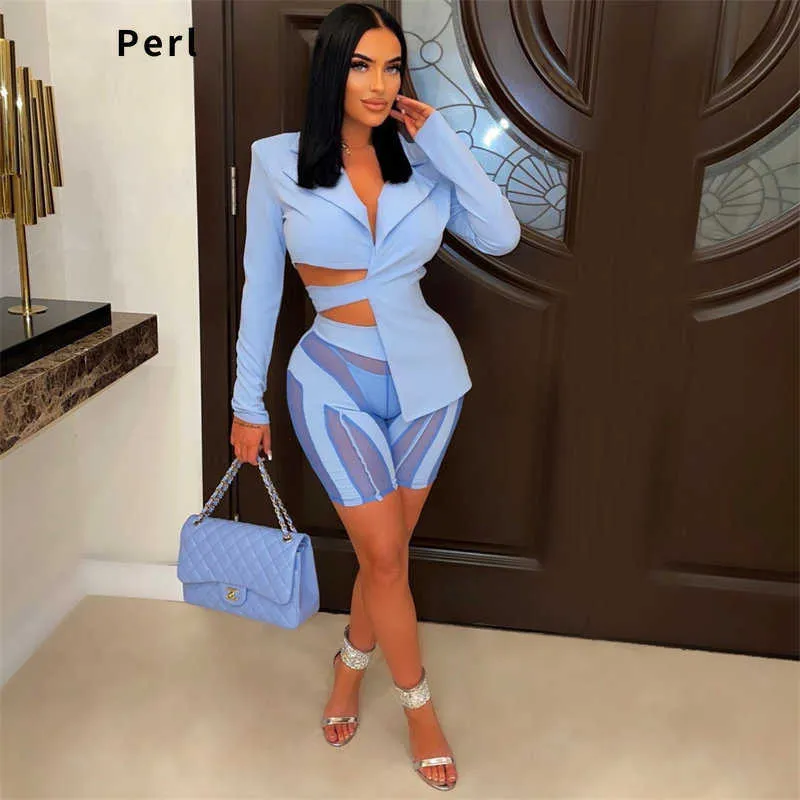 Survêtements pour femmes Perl à manches longues à lacets Bandage Top asymétrique Sheer Mesh Patchwork Shorts Femmes Notched Solid Blazer Suit 2 Piece Sets P230307