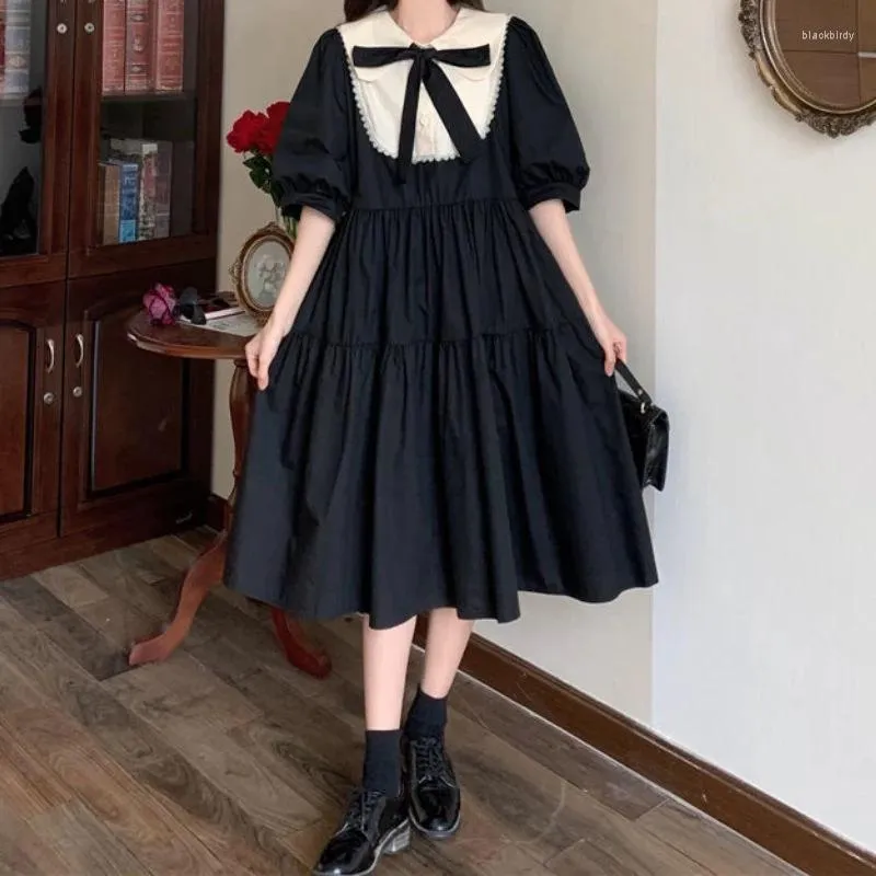 Abiti casual autunno nero Kawaii Lolita Dress Sen Girl Fairy Cute Doll colletto manica a sbuffo abiti con fiocco da donna alla moda