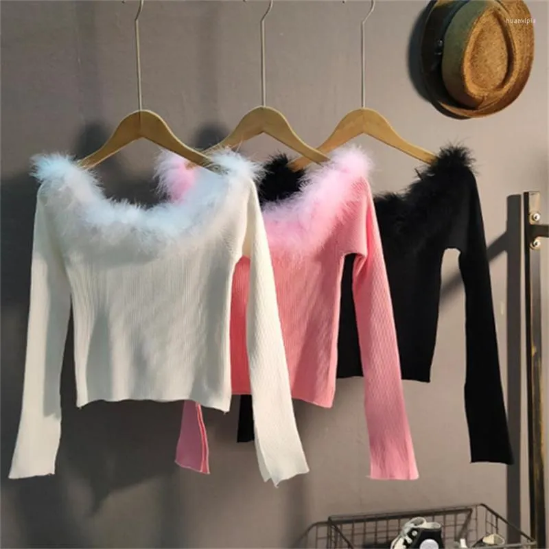 Kvinnors blusar 2023 Autumn Casual Women Short Sticke Blus Fluffy Sexig off-should Long Sleeve Blousas Basic Tops Pullovers Bottings