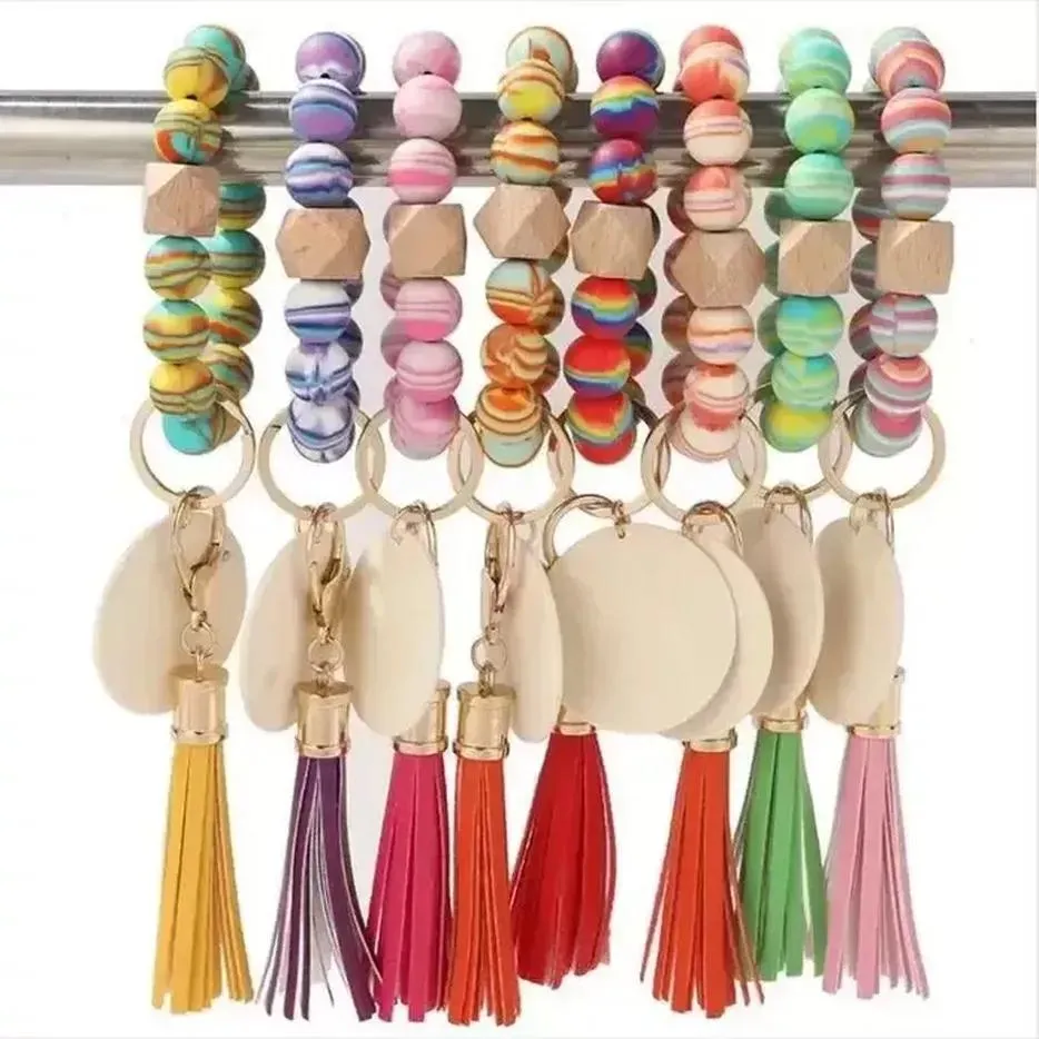 Bead Wood Bracelet Jewelry Leopard Grain Tassel Colorful Hand Beaded Bracelets Bangle Rainbow Fringe Wrist Key Ring Keychains Pendant Bag Accessories RRA