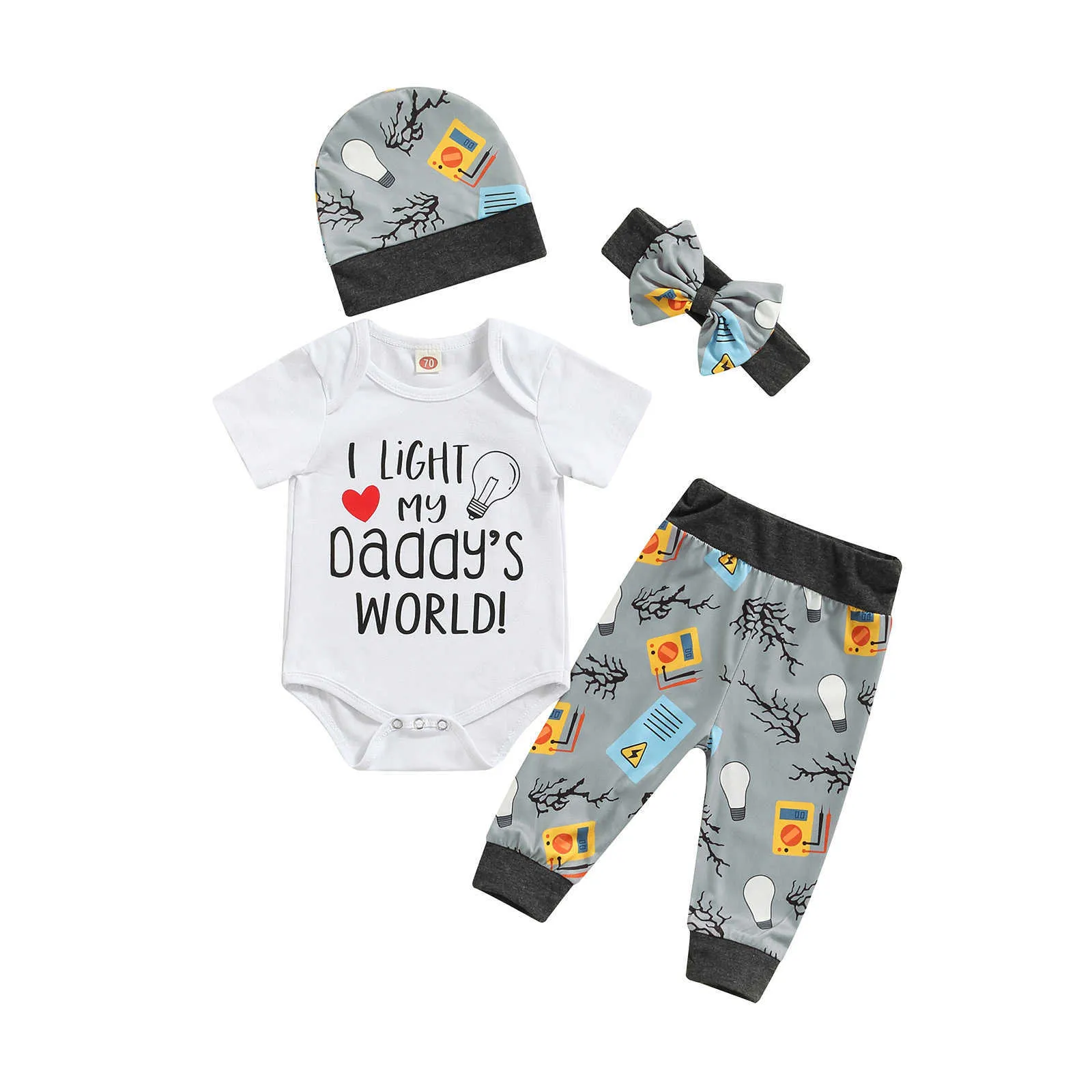 Clothing Sets Newborn Baby Boys Long Pants Outfits Short Sleeve Romper Light Bulb Printed Long Pants Cute Hat BowKnot Headband Set Z0321