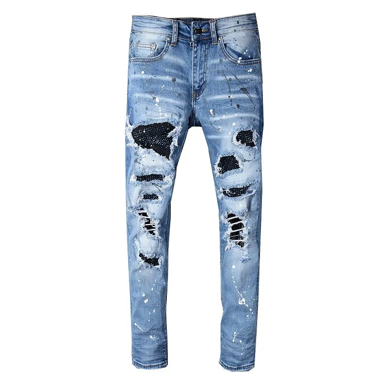 Mens jeans designer jeans voor heren am modemerk motorfiets stereoscopische snijbroek vintage slanke fit elastische diamant gepatchte gestapelde jeans mannen gebroken gat pant