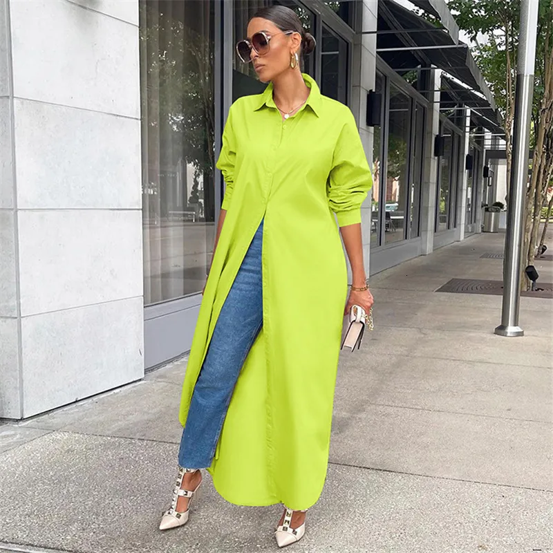 Loose Fit Long Sleeve Shirt Dress With Turn Down Collar And