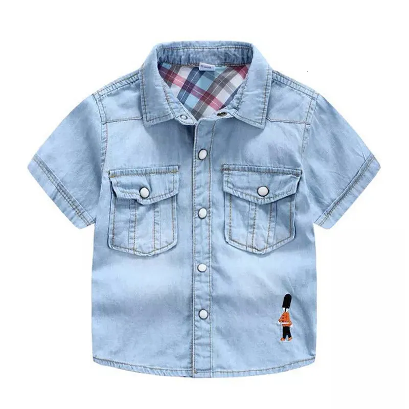 Kids Shirts Boys Denim Shirt Short Sleeve Pocket Blouses With Embroidery Soldier For Boy Summer Boy Shirts Soft Children's Jeans Shirt 3-10Y 230321