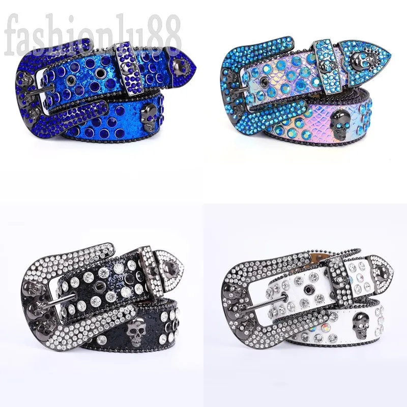 Mens Belt Black Blue Designer Belts Classic Skull Needle Buckle Full Crystal Ceinture Homme Skull Fashion Luxury Outdoor Leather BB Belt Party Bekväm PJ024 C23