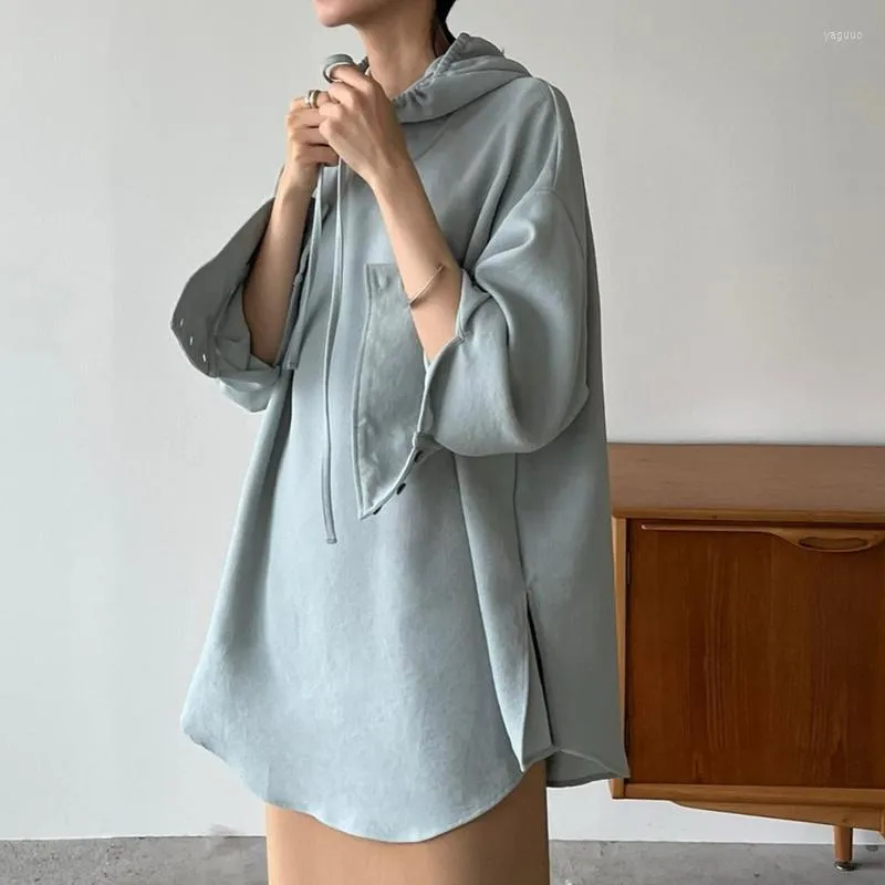 Women's Blouses Neple Drawstring Sweatshirts Slim Loose Losse lange mouw Top Casual eenvoudige sudaderas Sudaderas vaste kleur blauwe zwarte sweaters