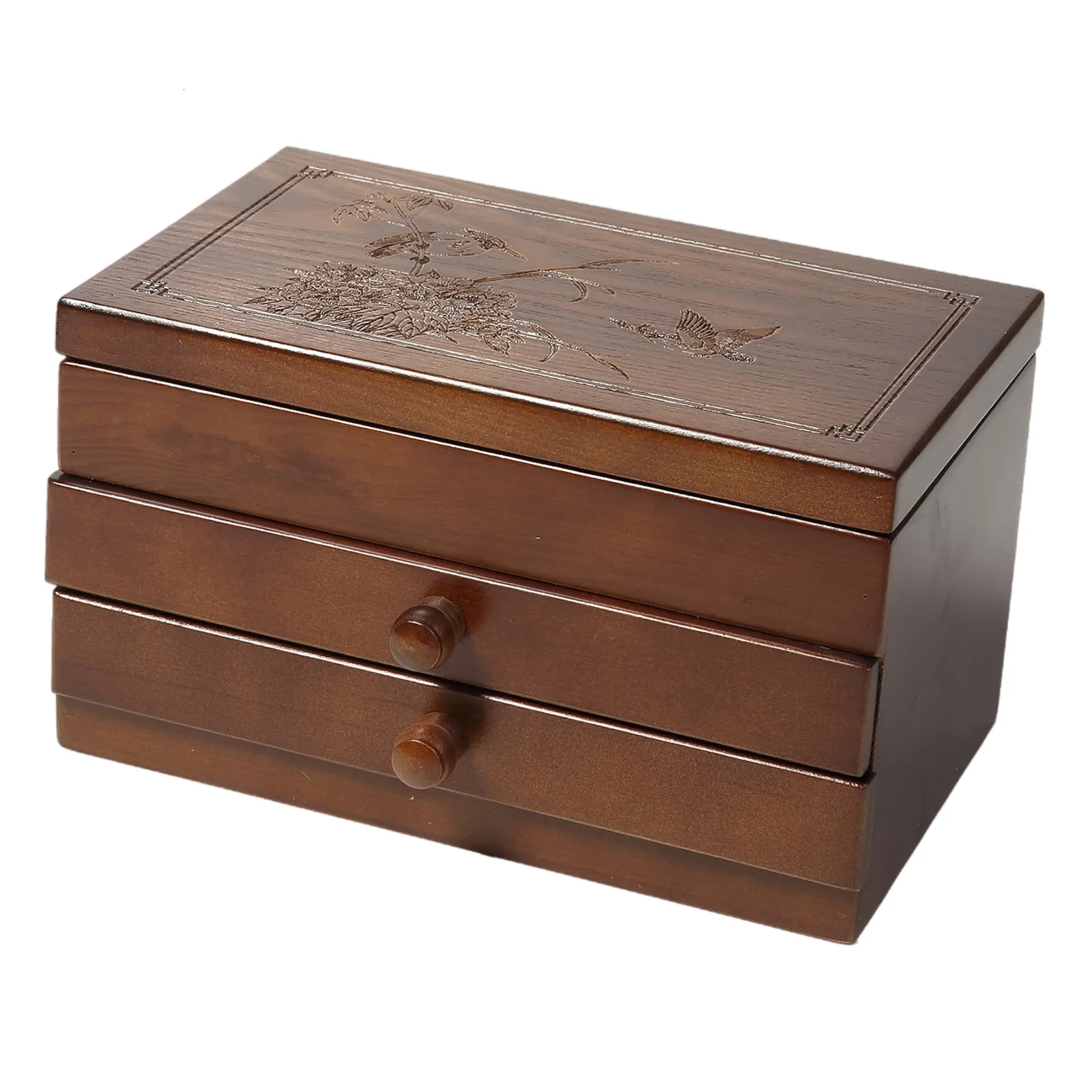 3-tier Wooden Jewelry Storage Box Watches Earrings Necklaces Rings Container with Drawer and Mirror