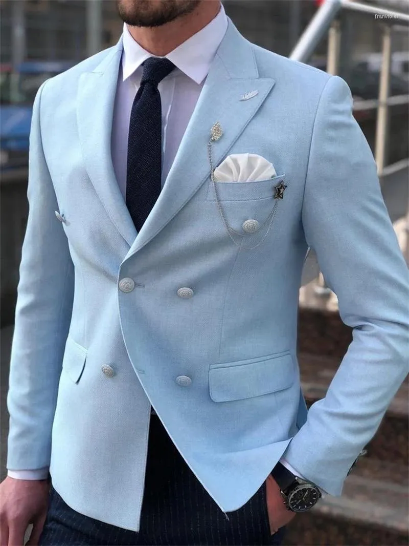 Light Blue Jacket Black Pants Blue Double-Breasted Suit For Men