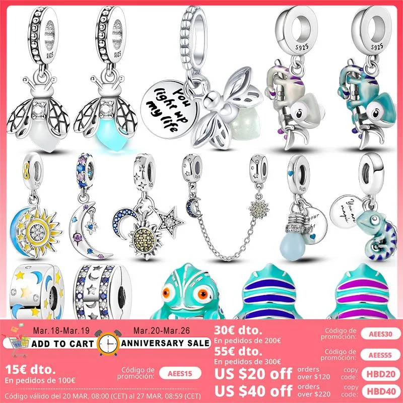 925 Siver Koraliki Charki dla Pandora Charm Branselets Designer dla kobiet Chameleon Glowworm Bulb 925 Srebrny Dangle