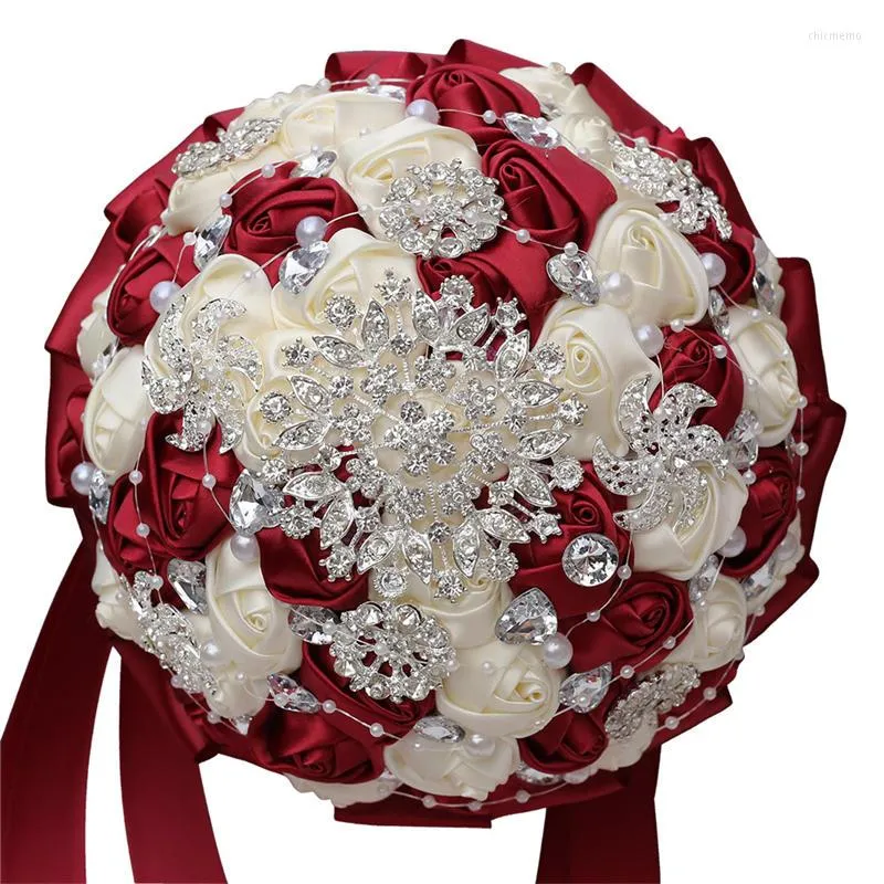 Bröllopsblommor Wifelai-A Dark Red Ivory Silk Bouquet Diamond Brosch Brides brudbuketter W631
